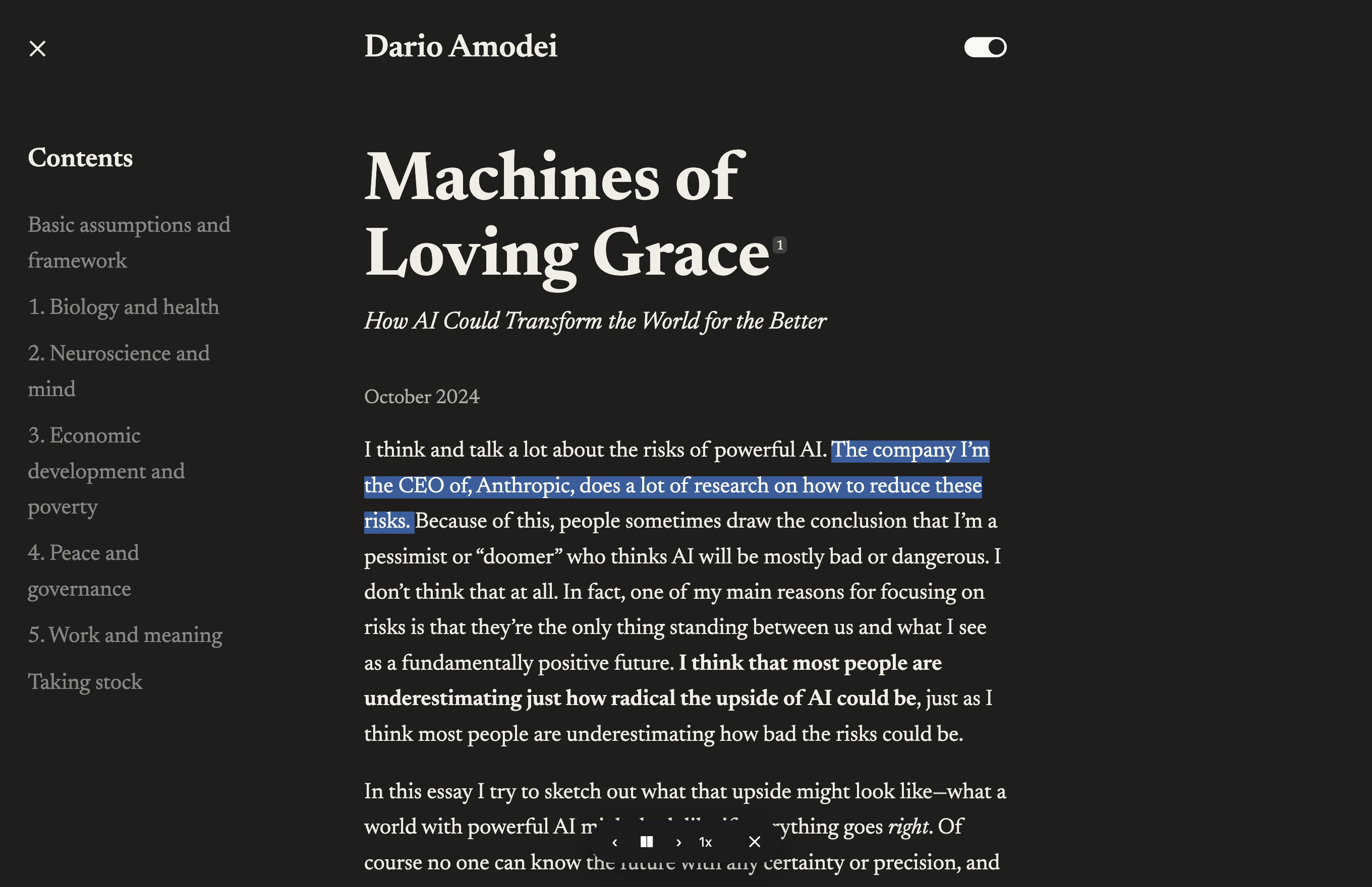 Chickadee reading an essay: the sentence currently being spoken is highlighted directly on the page