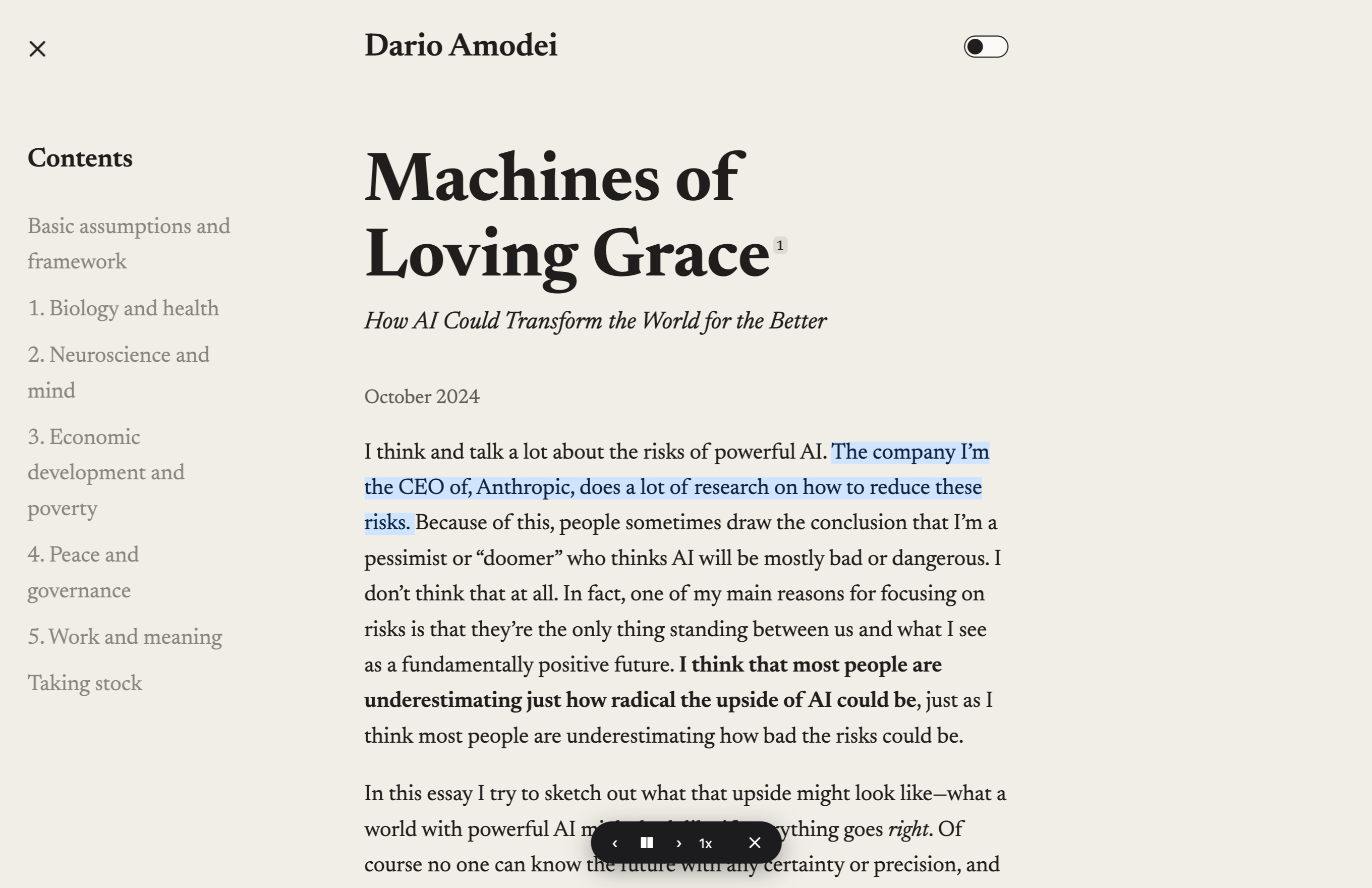 Chickadee reading an essay: the sentence currently being spoken is highlighted directly on the page